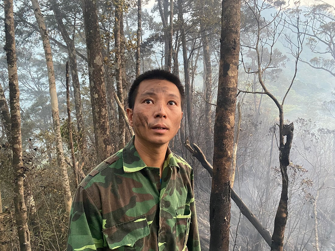 Kiểm lâm viên Nguyễn Huy Hoàng theo dõi điểm cháy sau khi được xử lý.
