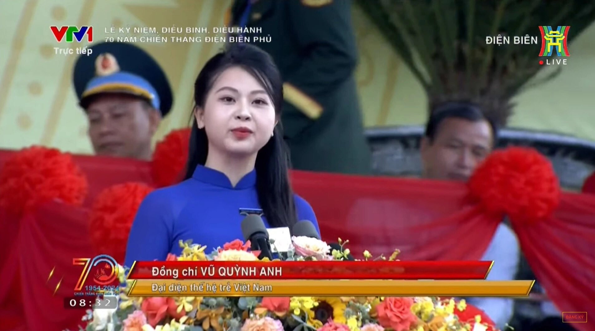 Vũ Quỳnh Anh đại diện cho thế hệ trẻ Việt Nam phát biểu tại Lễ kỷ niệm 70 năm chiến thắng Điện Biên Phủ. (Ảnh: Chụp màn hình)