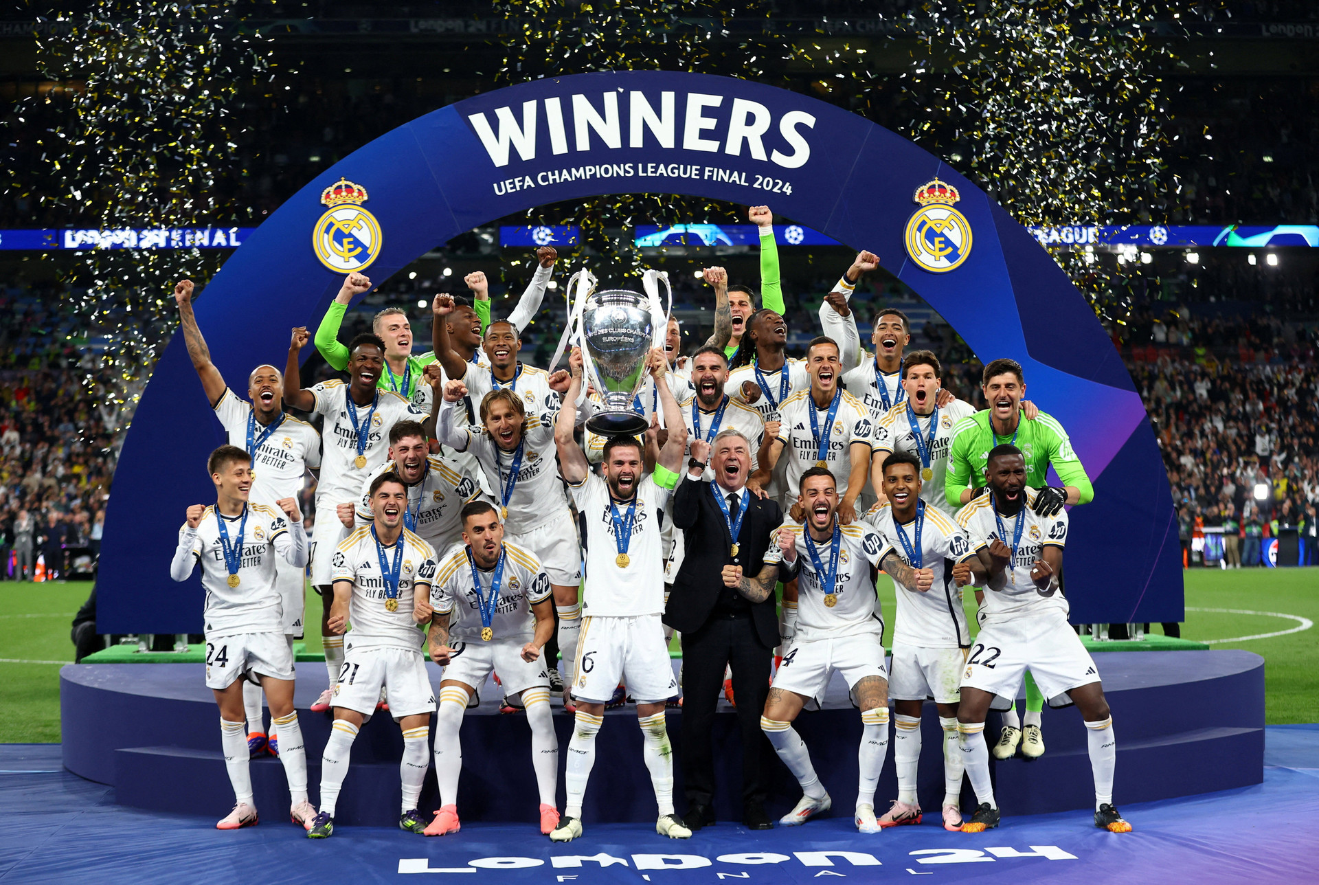 Sáng nay (2/6) trên sân Wembley, Real Madrid lại vô địch. Đây là danh hiệu Champions League thứ 6 trong 8 năm, lần thứ 15 trong lịch sử của Real Madrid. (Ảnh: Reuters)