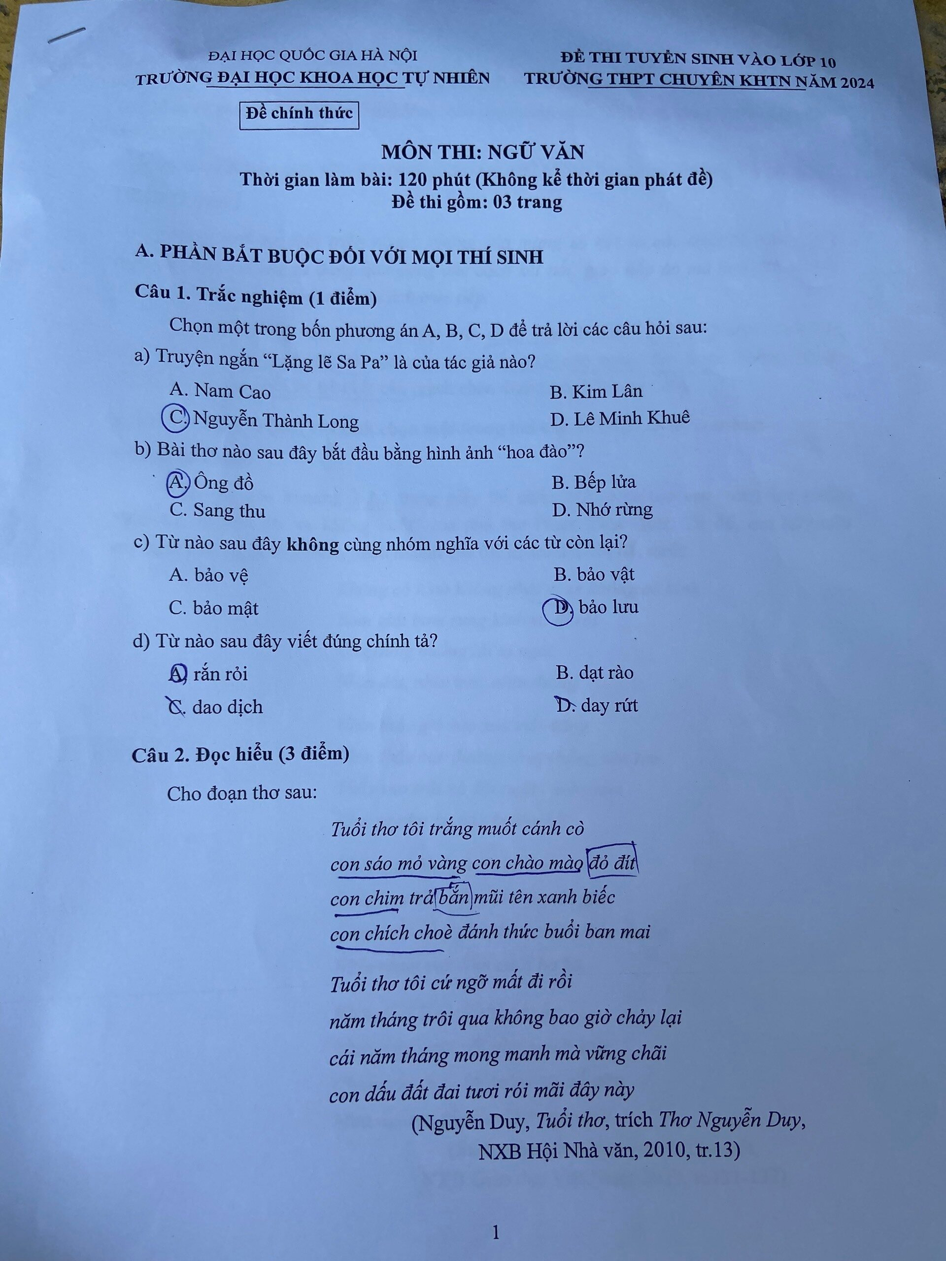 'Chiếc lược ngà' vào đề thi Văn lớp 10 trường chuyên Khoa học Tự nhiên Hà Nội - 1