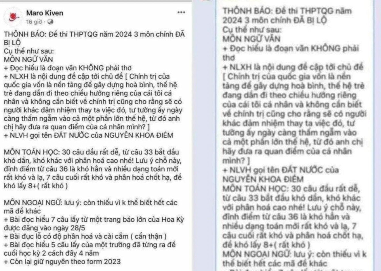Thông tin lộ đề trên mạng xã hội ngày 25/6. (Ảnh chụp màn hình)