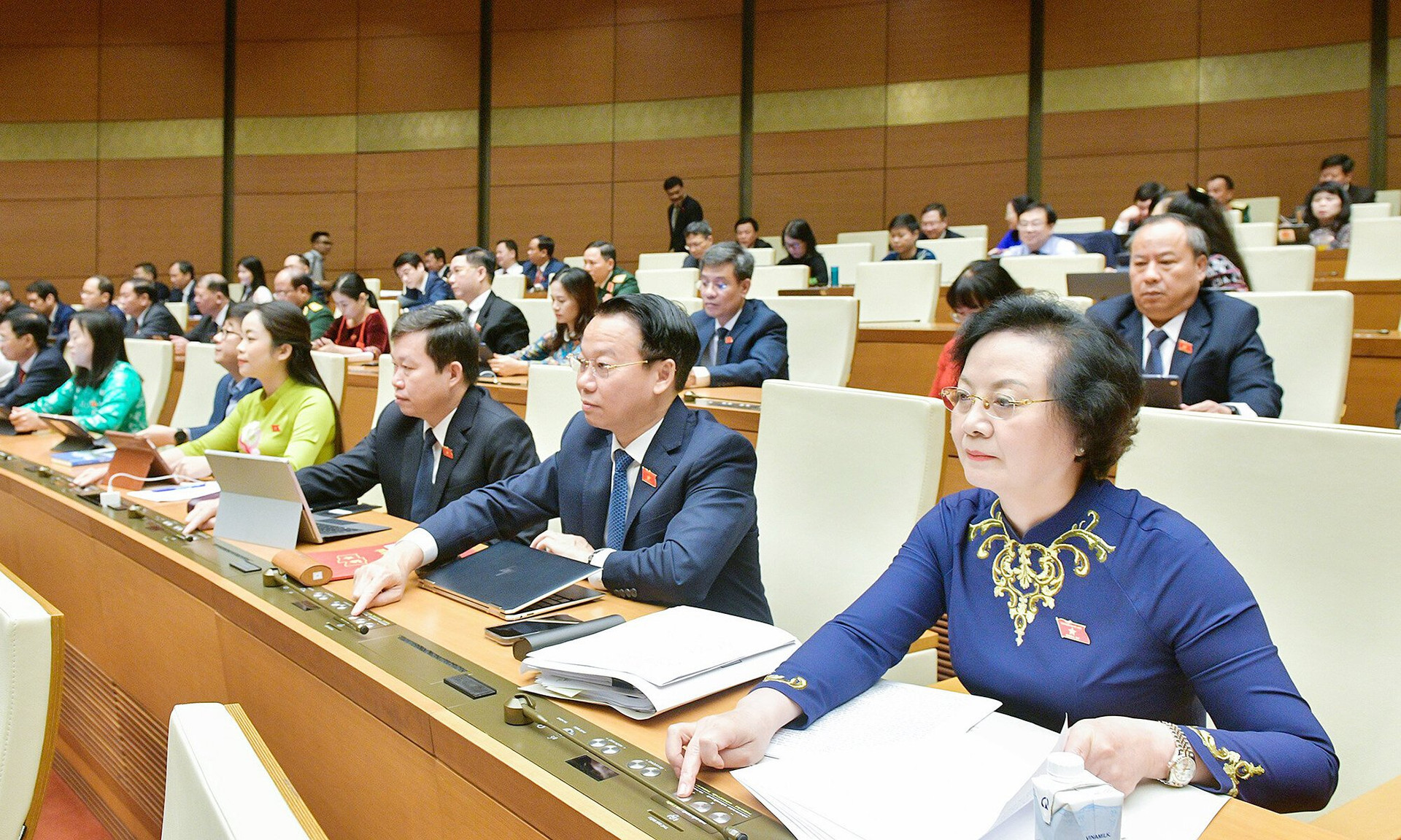 Bộ trưởng Nội vụ Phạm Thị Thanh Trà (ngoài cùng bên phải) và các đại biểu bấm nút biểu quyết ở Quốc hội sáng 29/6. (Ảnh: quochoi.vn)
