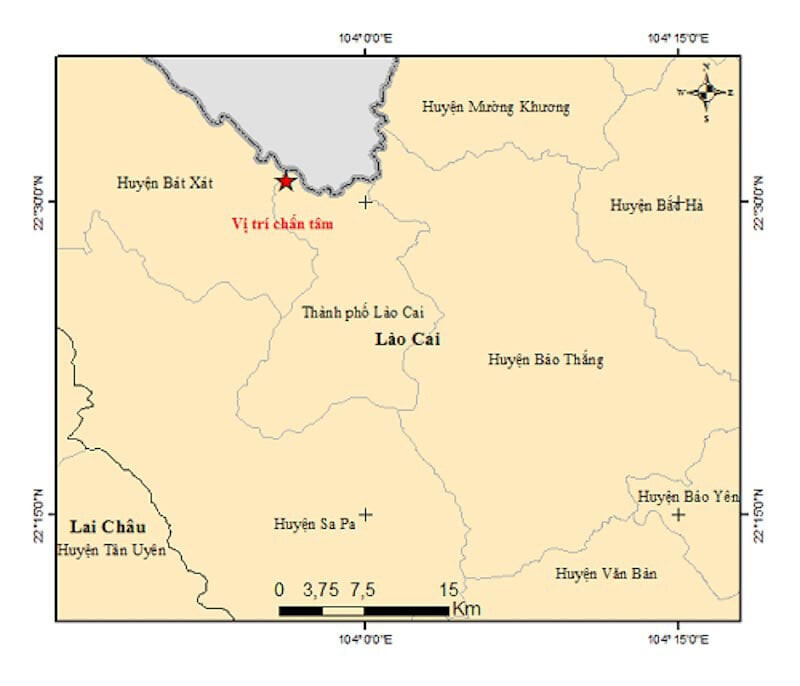 Bản đồ tâm chấn động đất ở TP Lào Cai. (Ảnh: Viện vật lý địa cầu)