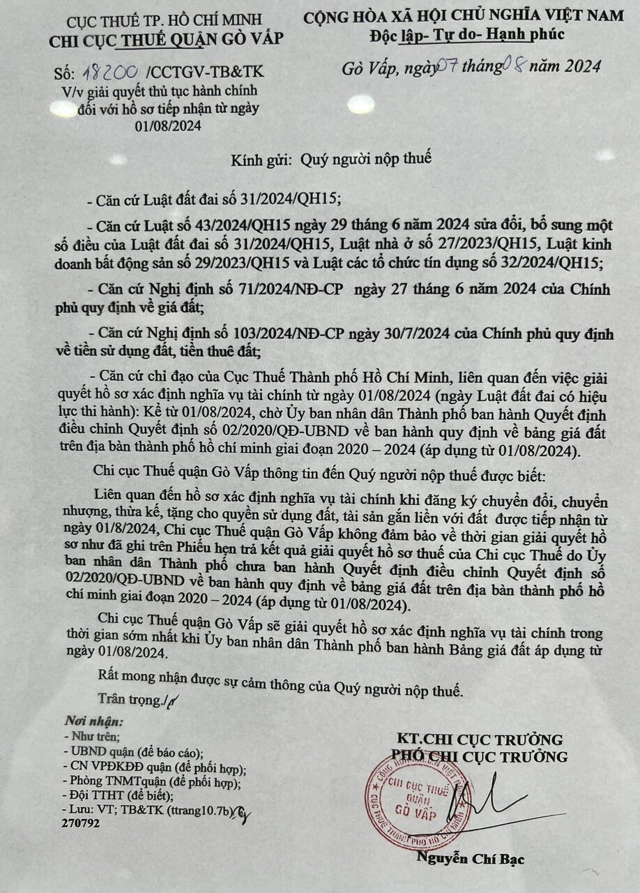 Thông báo của ngành thuế liên quan đến việc giải quyết thủ tục thuế nhà đất sau ngày 1/8, khi Luật đất đai có hiệu lực.