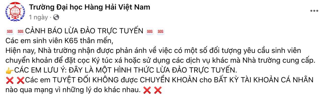 Đại học Hàng hải Việt Nam phát đi cảnh báo lừa đảo đóng tiền ký túc xá dành cho tân sinh viên. (Ảnh chụp màn hình)