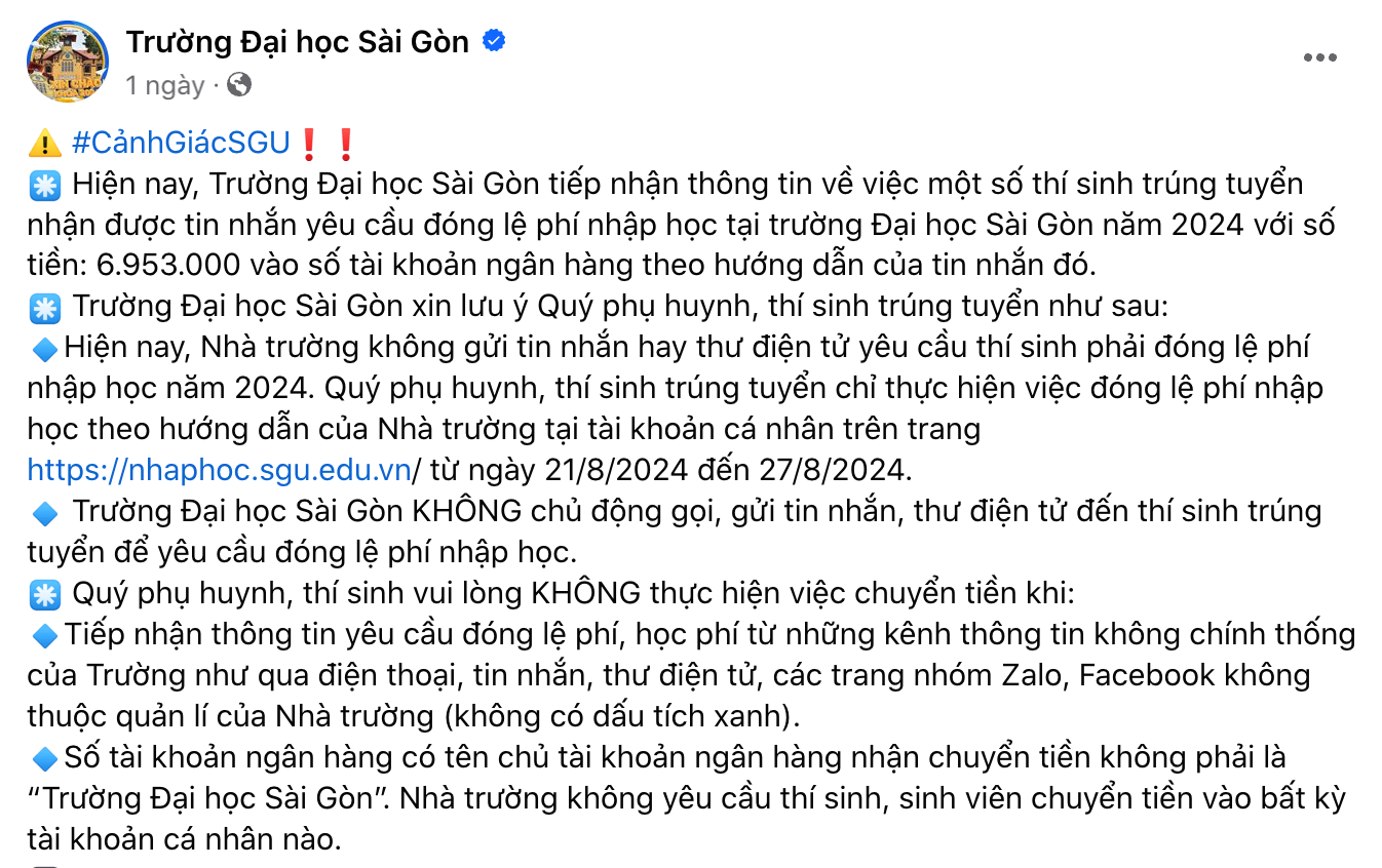 Trường Đại học Sài Gòn phát cảnh báo đến tân sinh viên trước chiêu trò lừa đảo thu lệ phí nhập học.