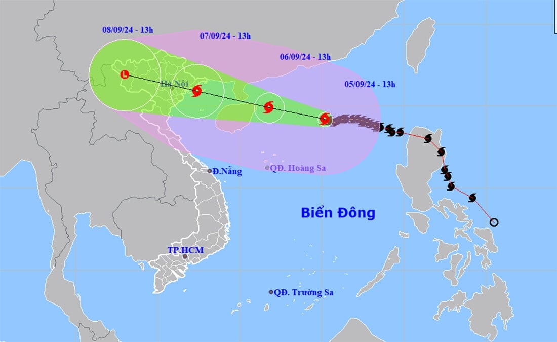 Dự báo đường đi và vùng ảnh hưởng của siêu bão Yagi. (Nguồn: NCHMF)