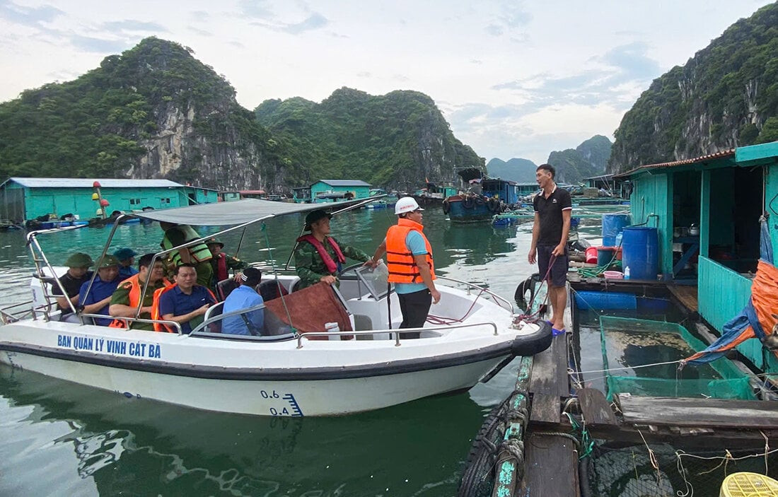 Lực lượng chức năng ở Cát Hải kêu gọi người dân về nơi tránh trú.