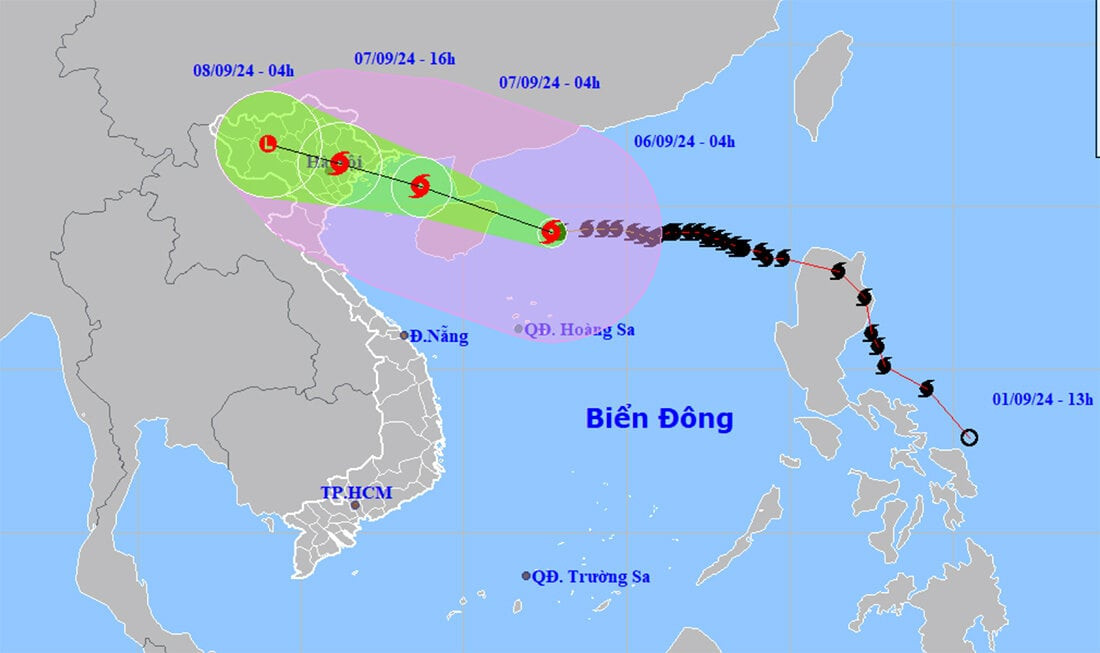 Dự báo đường đi và vùng ảnh hưởng của siêu bão Yagi. (Nguồn: NCHMF)