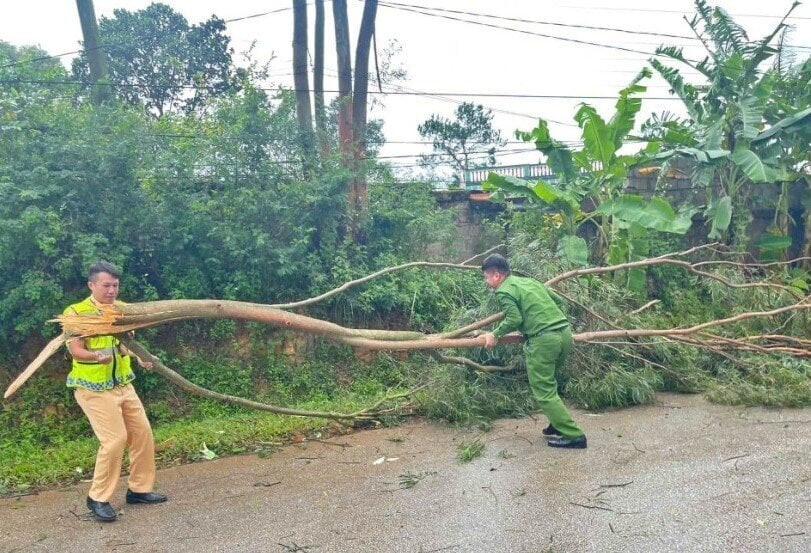 Công an huyện Lộc Bình dọn cây gãy, đổ nhằm đảm bảo an toàn giao thông trên địa bàn.