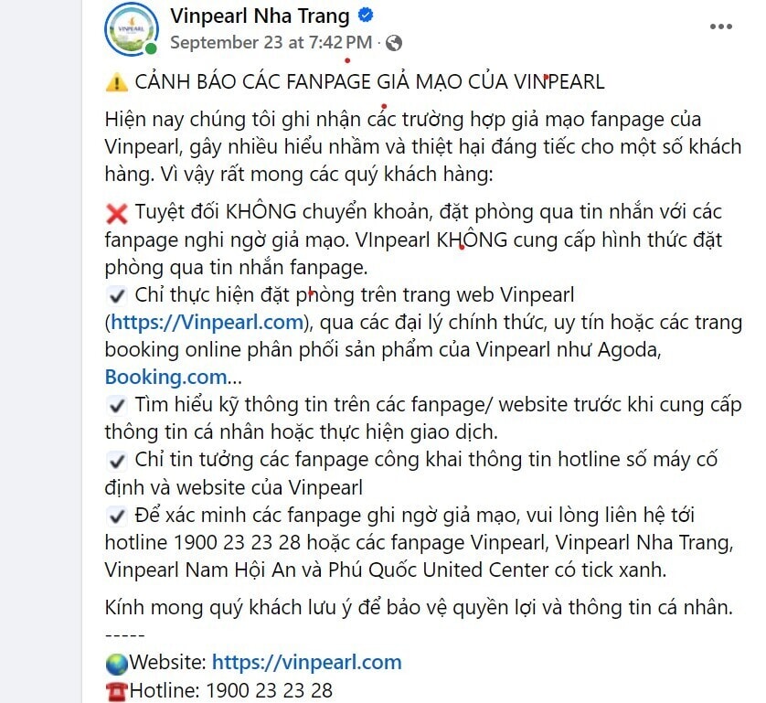 Vinpearl Nha Trang đăng cảnh báo về việc các web mạo danh.