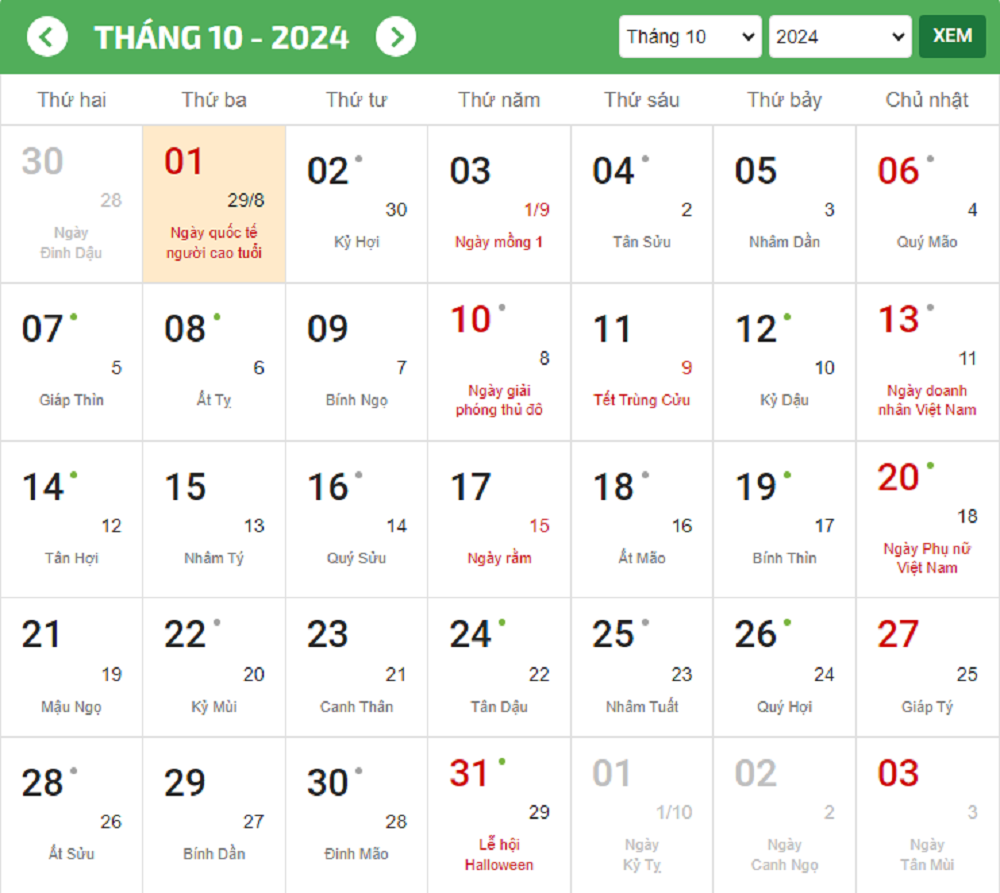 Tháng 10 có những ngày lễ nào đáng chú ý? (Ảnh chụp màn hình)