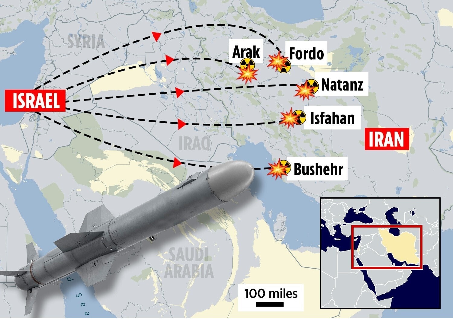 Israel hoàn toàn có thể tập kích các cơ sở hạt nhân của Iran để trả đũa vụ tấn công hôm 1/10 bất chấp ngăn cản từ Mỹ. (Ảnh: The Sun)