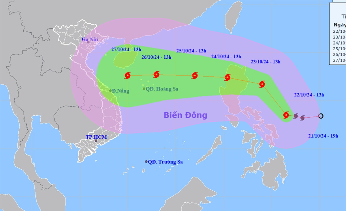 Dự báo đường đi và khu vực ảnh hưởng của bão Trami. (Nguồn: NCHMF)