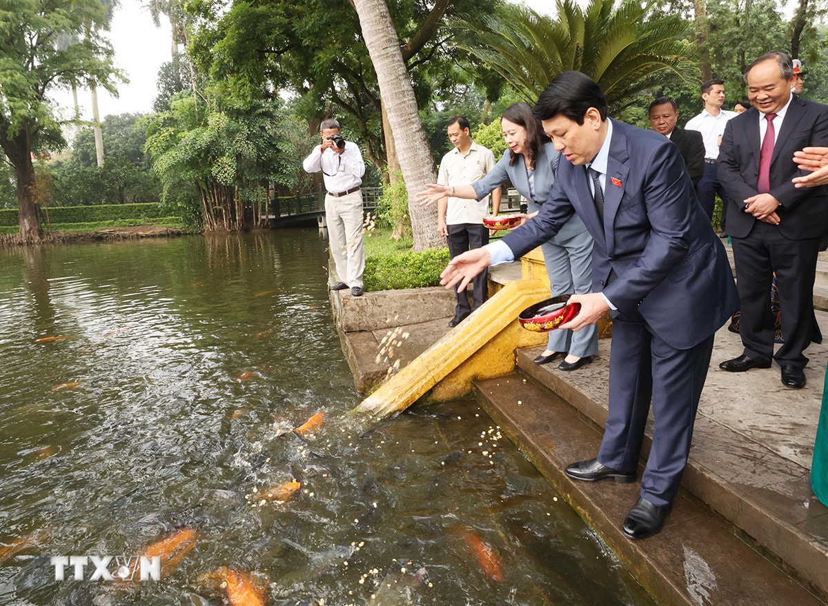 Chủ tịch nước Lương Cường thăm Ao cá Bác Hồ trong khuôn viên Khu di tích Chủ tịch Hồ Chí Minh tại Phủ Chủ tịch.