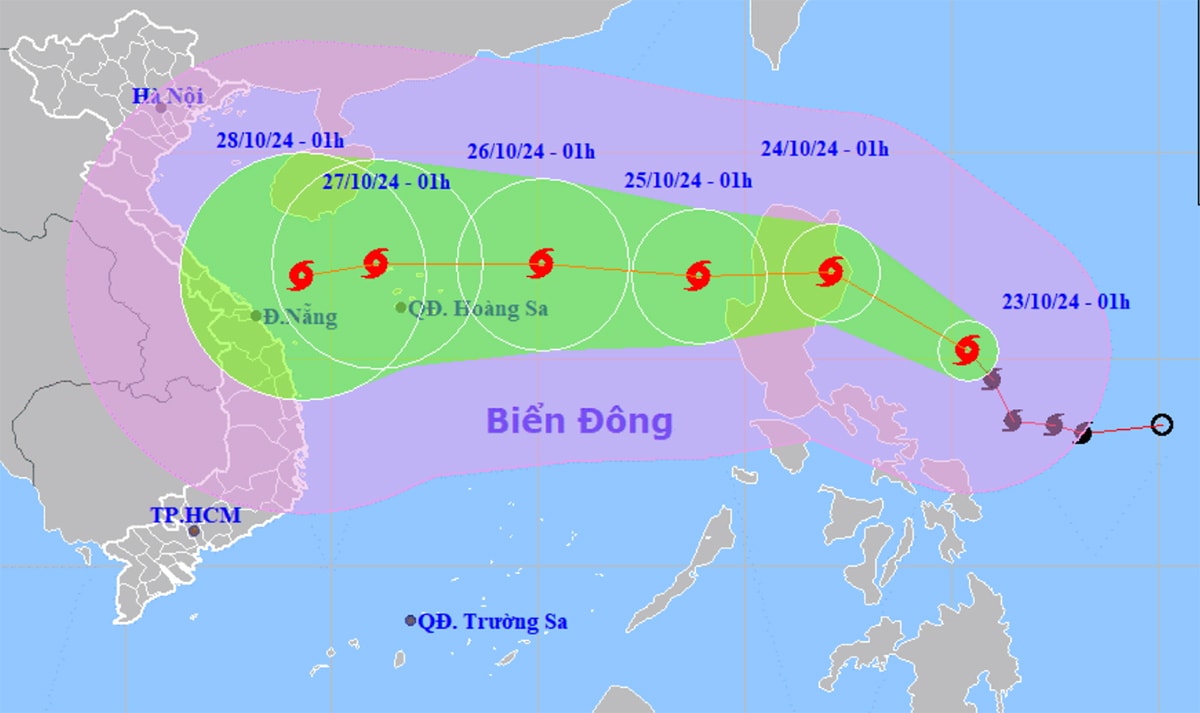 Dự báo đường đi và khu vực ảnh hưởng của bão Trami. (Nguồn: NCHMF)