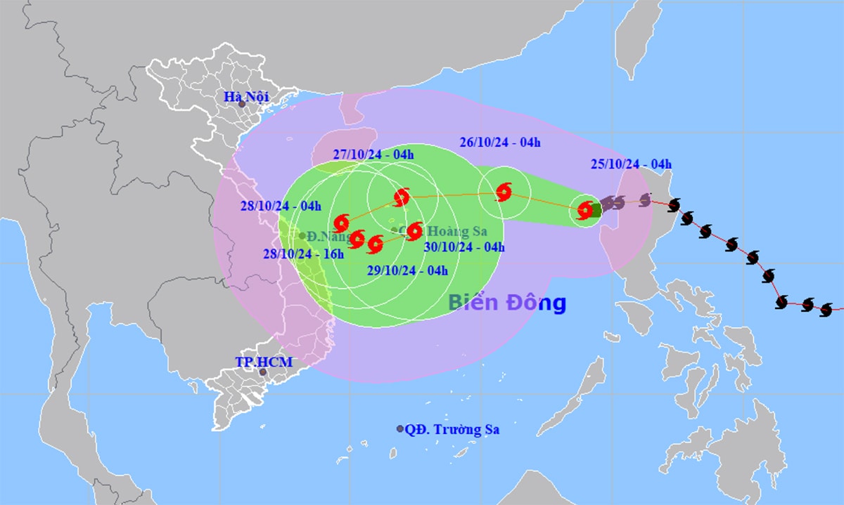 Dự báo đường đi phức tạp, liên tục đổi hướng của bão Trami sau khi vào Biển Đông. (Nguồn: NCHMF)