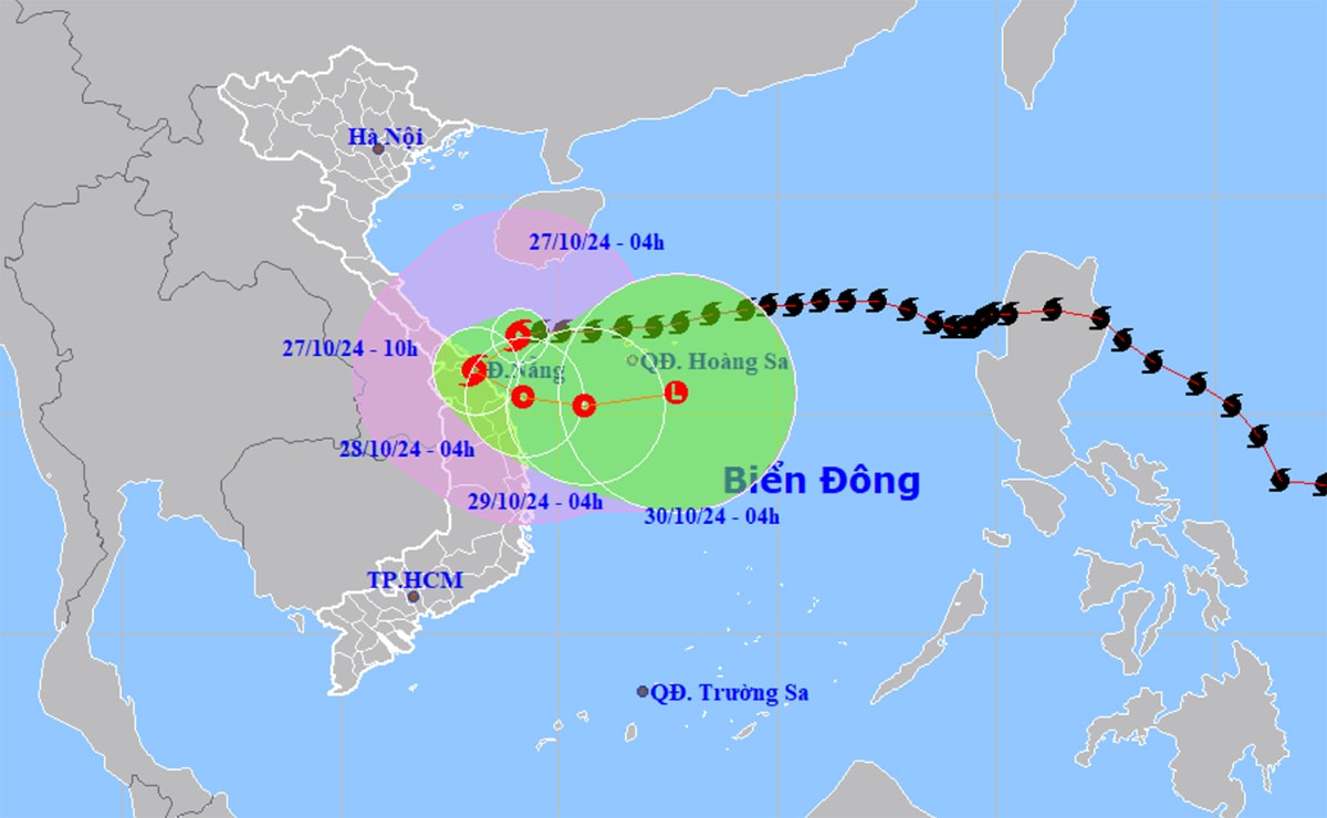 Dự báo đường đi và khu vực ảnh hưởng của bão Trami. (Nguồn: NCHMF)