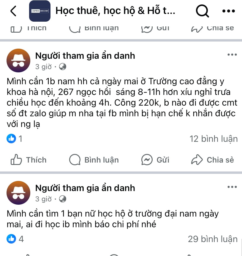 Tràn lan các hội nhóm cung cấp dịch vụ học hộ, thi hộ (Ảnh chụp màn hình)