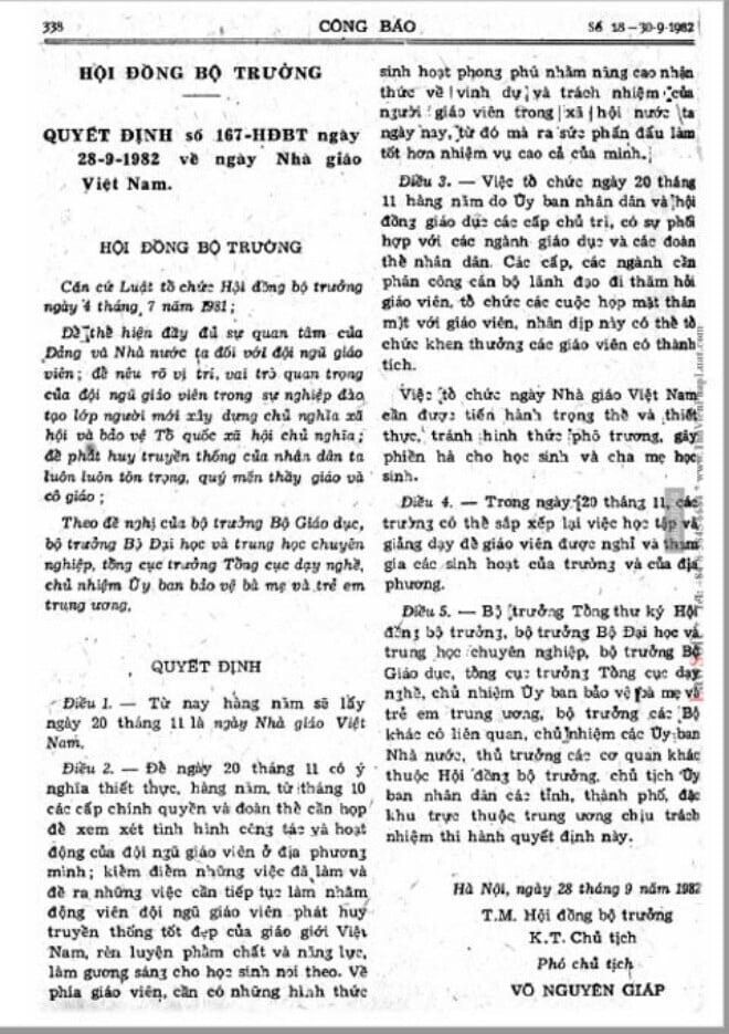 Hội đồng Bộ trưởng đã ban hành Quyết định số 167/HĐBT lấy ngày 20/11 hằng năm là Ngày Nhà giáo Việt Nam. (Ảnh tư liệu)