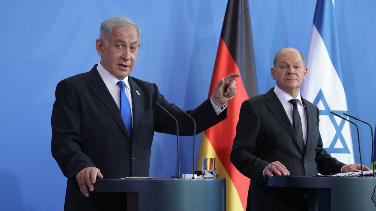 Thủ tướng Đức Olaf Scholz và Thủ tướng Israel Benjamin Netanyahu trong cuộc họp báo chung tại Berlin tháng 3/2023. (Ảnh: Sean Gallup)