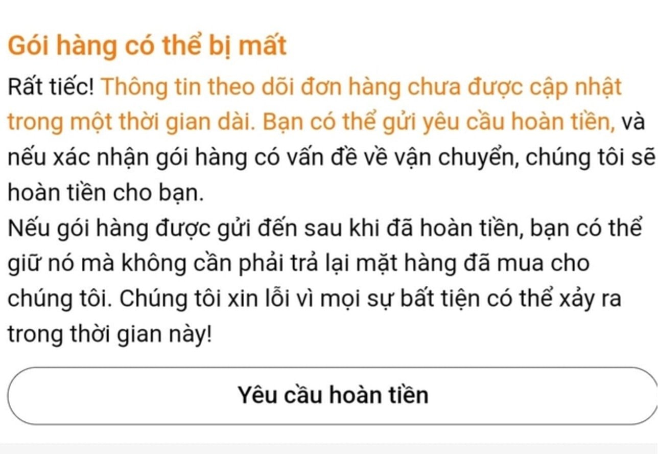 Thông báo của Temu về một số đơn hàng đã đặt của người dùng Việt.