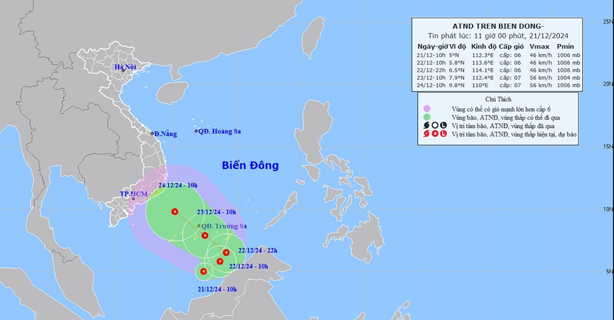 Dự báo đường đi và khu vực ảnh hưởng của áp thấp nhiệt đới trên Biển Đông. (Nguồn: NCHMF)