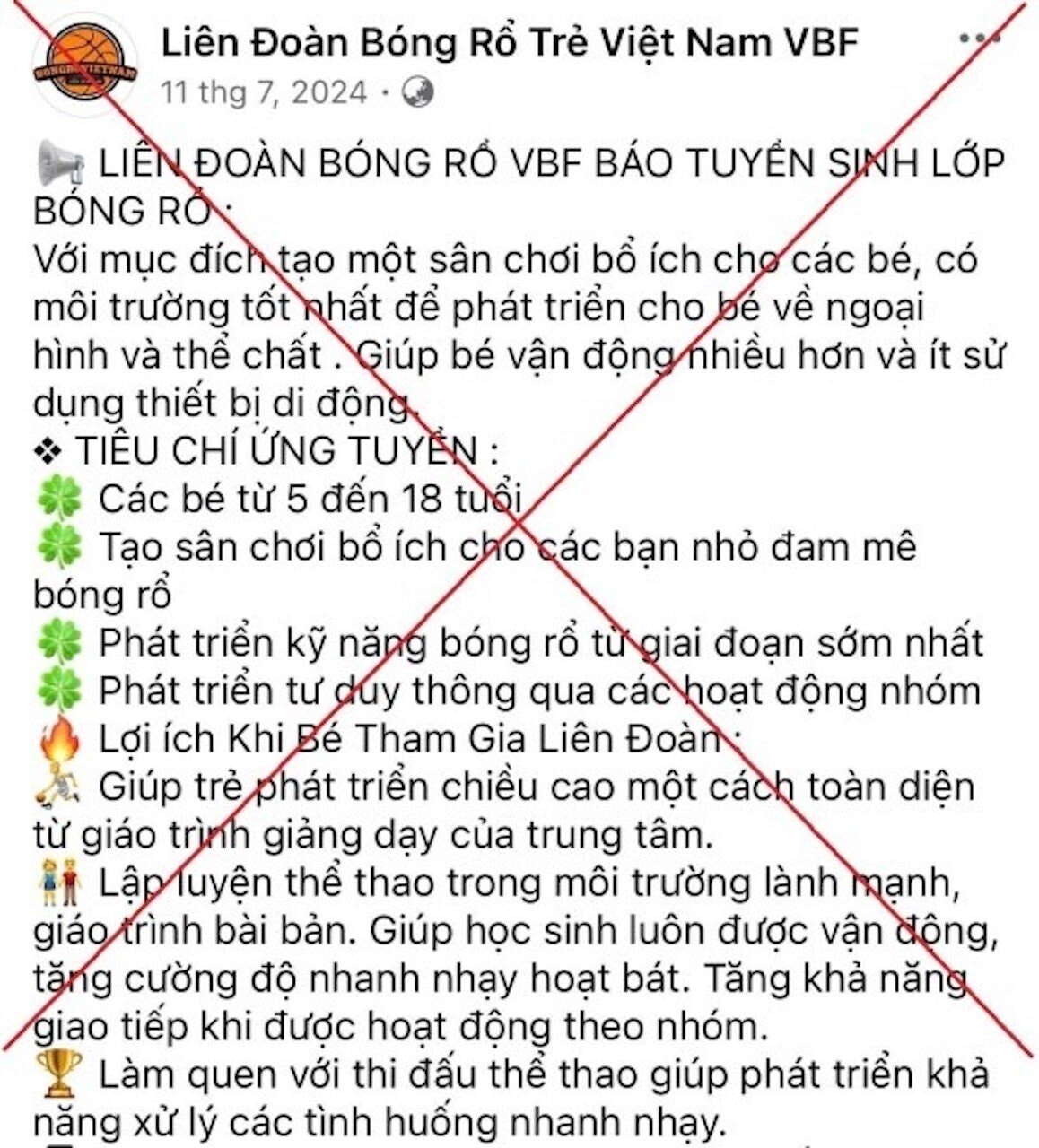 Tài khoản giả mạo lấy tên “Liên đoàn bóng rổ Việt Nam VBF”.