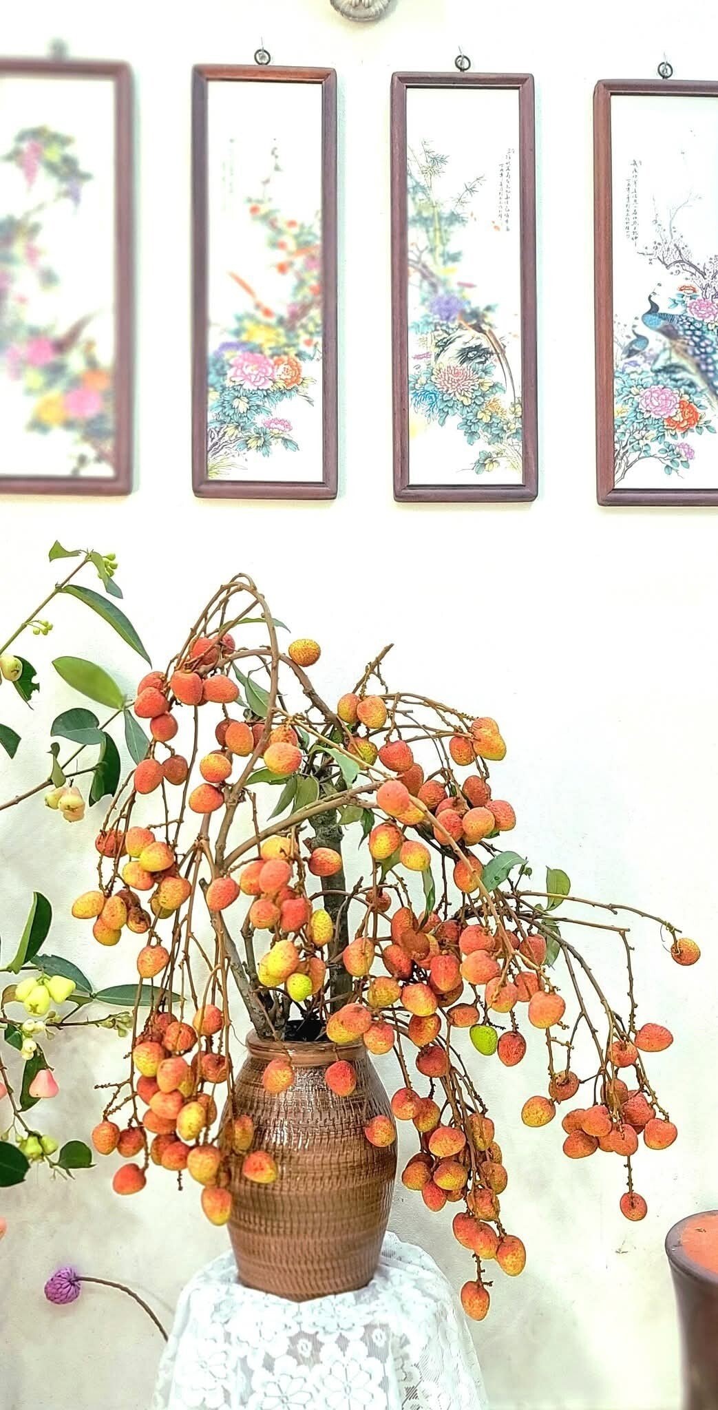 Cành vải chín đỏ rực rỡ cả góc nhà. (Ảnh: Huyen Ta)