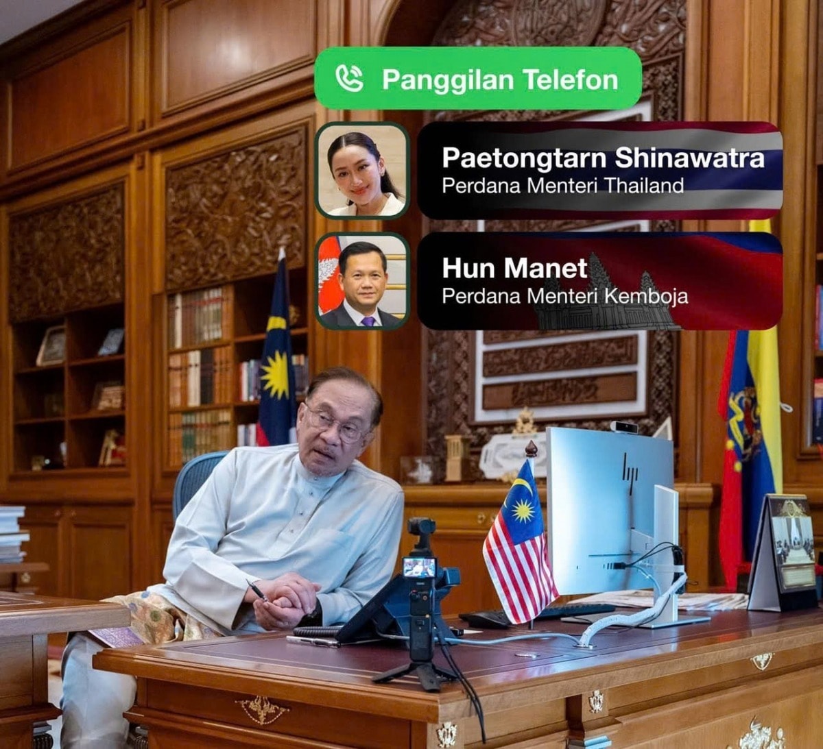 Thủ tướng Malaysia Anwar Ibrahim trong cuộc thảo luận trực tuyến với Thủ tướng Thái Lan Paetongtarn Shinawatra và Thủ tướng Campuchia Hun Manet chiều 6/6. (Ảnh: FB Thủ tướng Anwar Ibrahim)