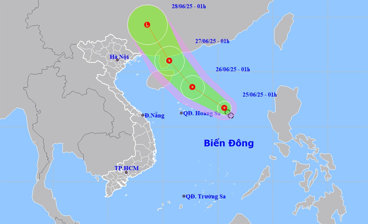 Bản đồ dự báo quỹ đạo và cường độ áp thấp nhiệt đới lúc 2h ngày 25/6. (Nguồn: NCHMF)