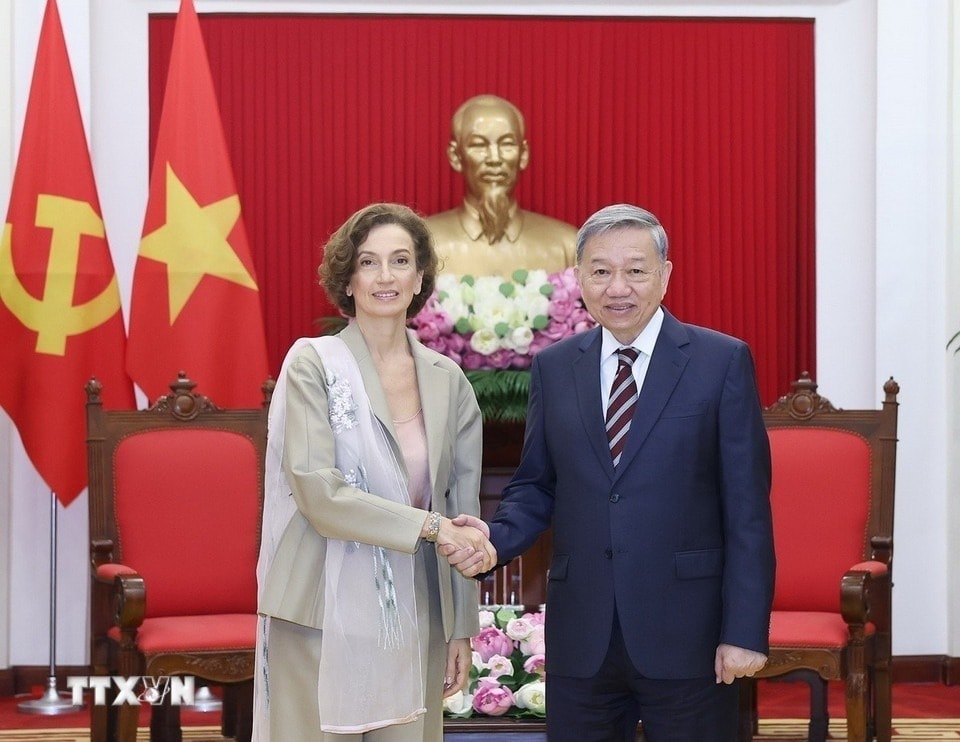 Tổng Bí thư Tô Lâm tiếp bà Audrey Azoulay. (Ảnh: TTXVN)