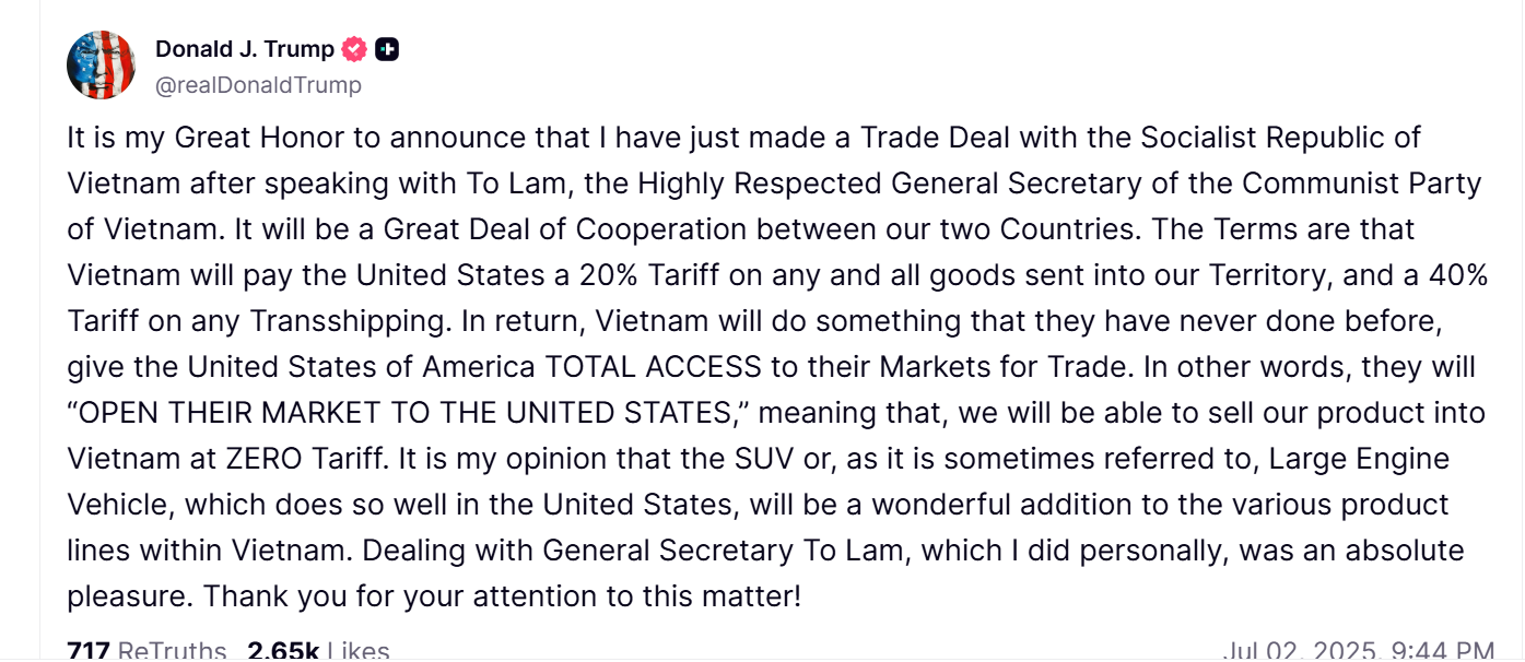 Ông Trump nói về thỏa thuận với Việt Nam.
