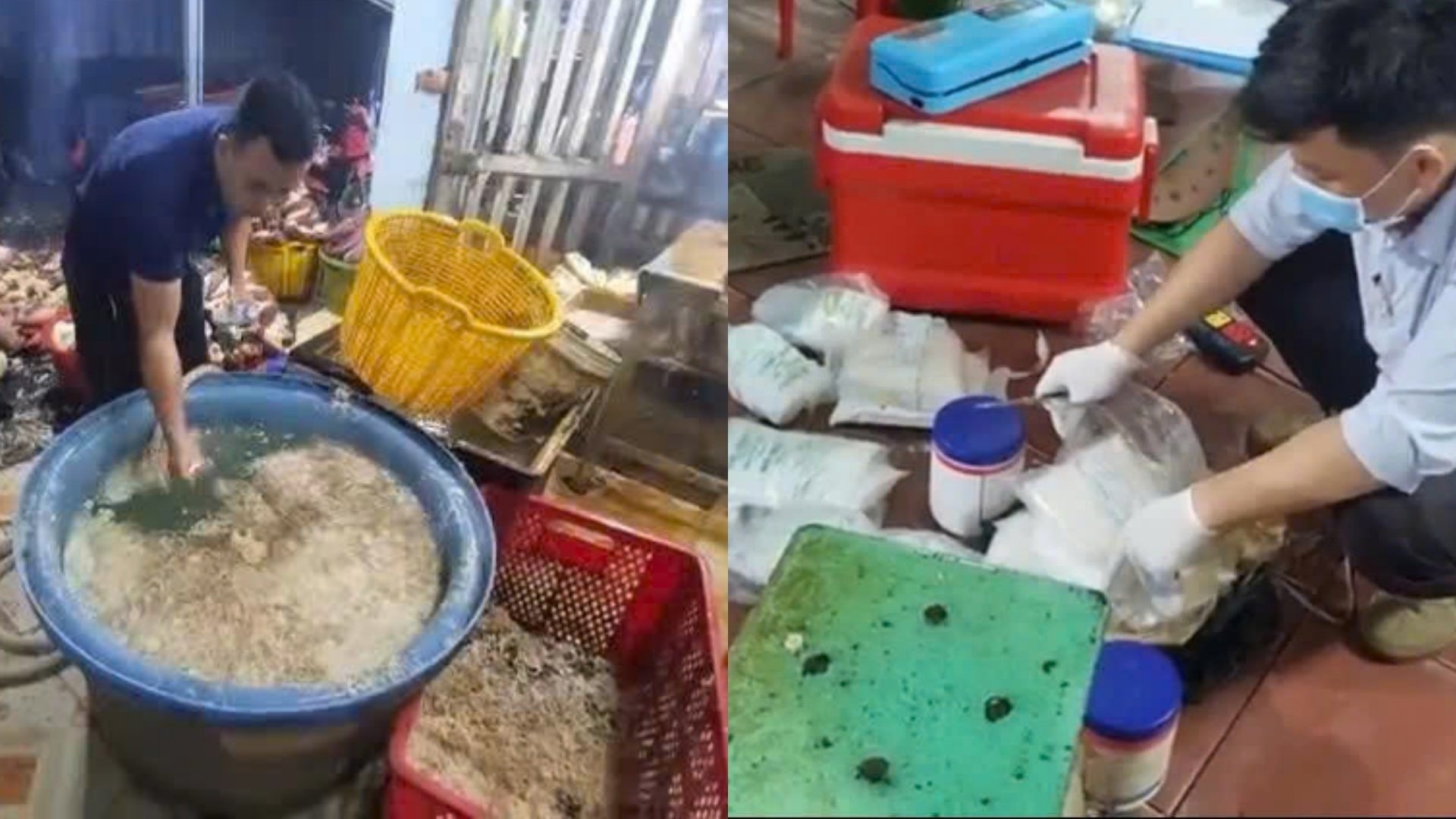Công an bắt quả tang các thùng chứa hoá chất ngâm sợi hoa chuối.