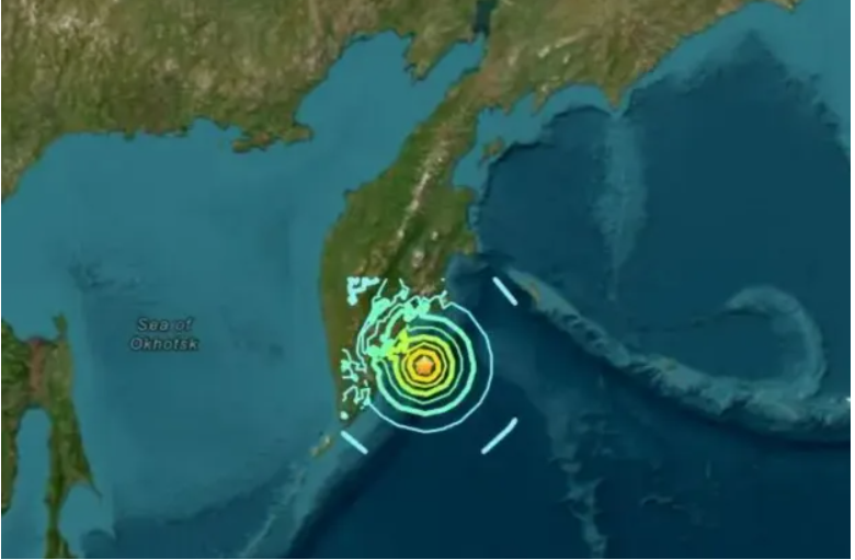 Tâm chấn của trận động đất ngoài khơi bờ biển Kamchatka, Nga. (Ảnh: Thesun)