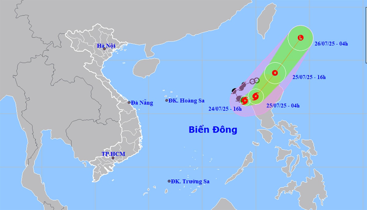 Bản đồ dự báo đường đi và khu vực ảnh hưởng của bão số 4 Cỏ May. (Nguồn: NCHMF)