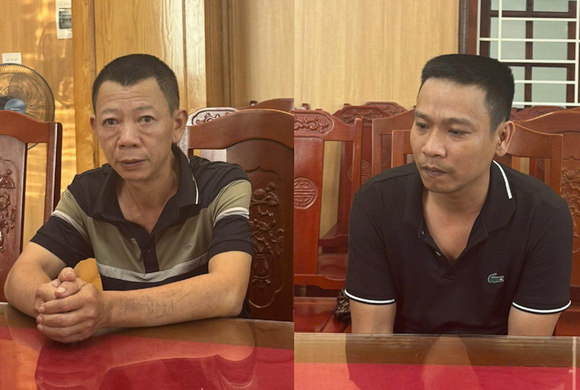 Bùi Thanh Quế (trái) và Đỗ Văn Hưng tại cơ quan Công an. (Ảnh: Công an Thanh Hoá)