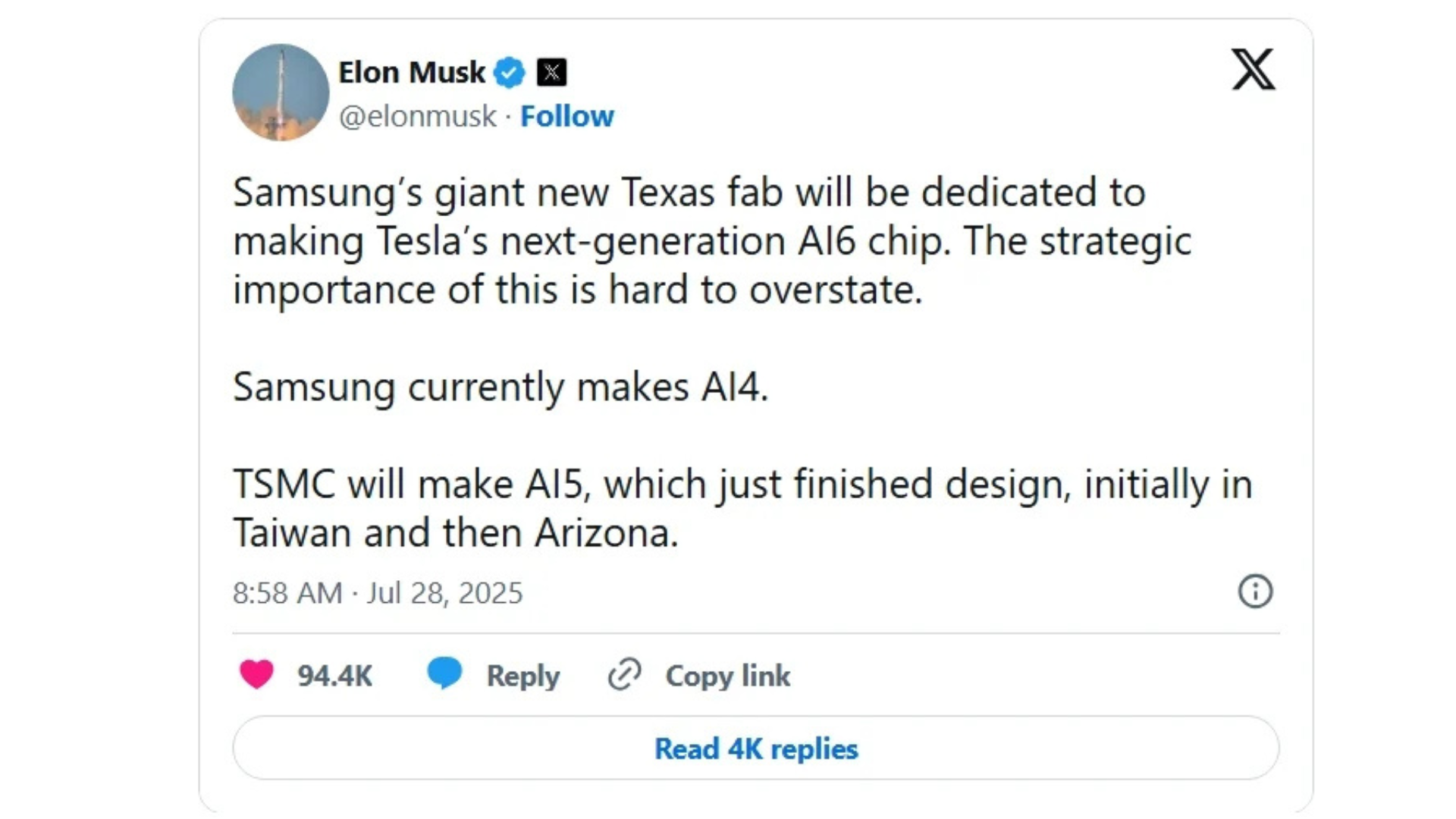 Bài đăng của tỷ phú Elon Musk về việc hợp tác với Samsung trong sản xuất chip AI6 trên mạng xã hội X. (Ảnh chụp màn hình)