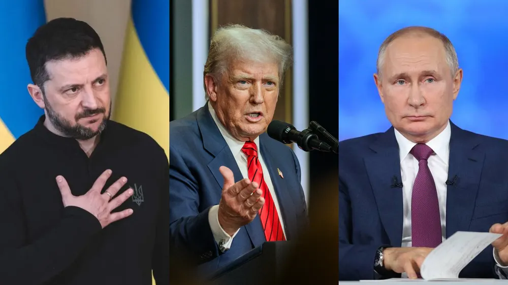 Tổng thống Ukraine Volodymyr Zelensky, Tổng thống Mỹ Donald Trump và Tổng thống Nga Vladimir Putin (từ trái sang). (Ảnh: Blomberg)