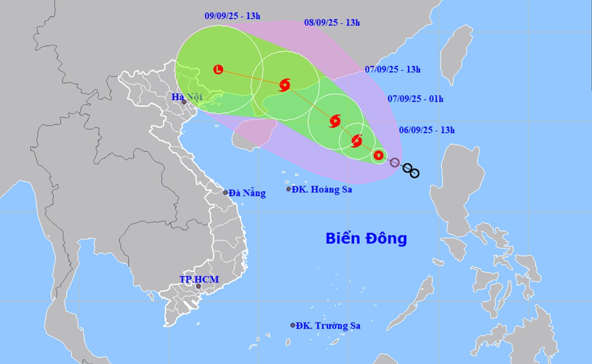 Dự báo đường đi, khu vực ảnh hưởng của áp thấp nhiệt đới khả năng cao mạnh thành bão số 7. (Nguồn: NCHMF)