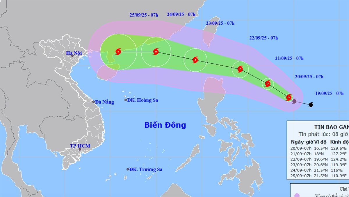 Bản đồ dự báo đường đi, khu vực ảnh hưởng của bão Ragasa. (Nguồn: NCHMF)