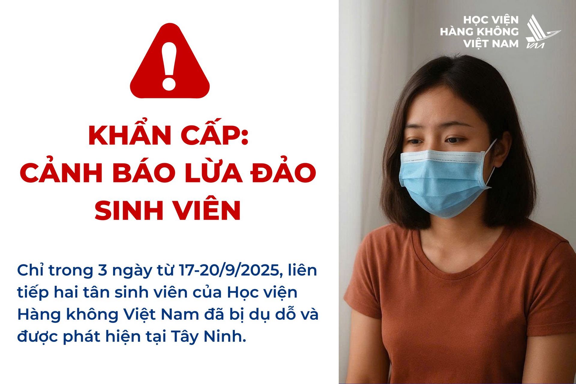 Học viện Hàng không Việt Nam vừa phát đi thông báo khẩn, cảnh báo thủ đoạn lừa đảo nhắm vào sinh viên. (Ảnh: Nhà trường)