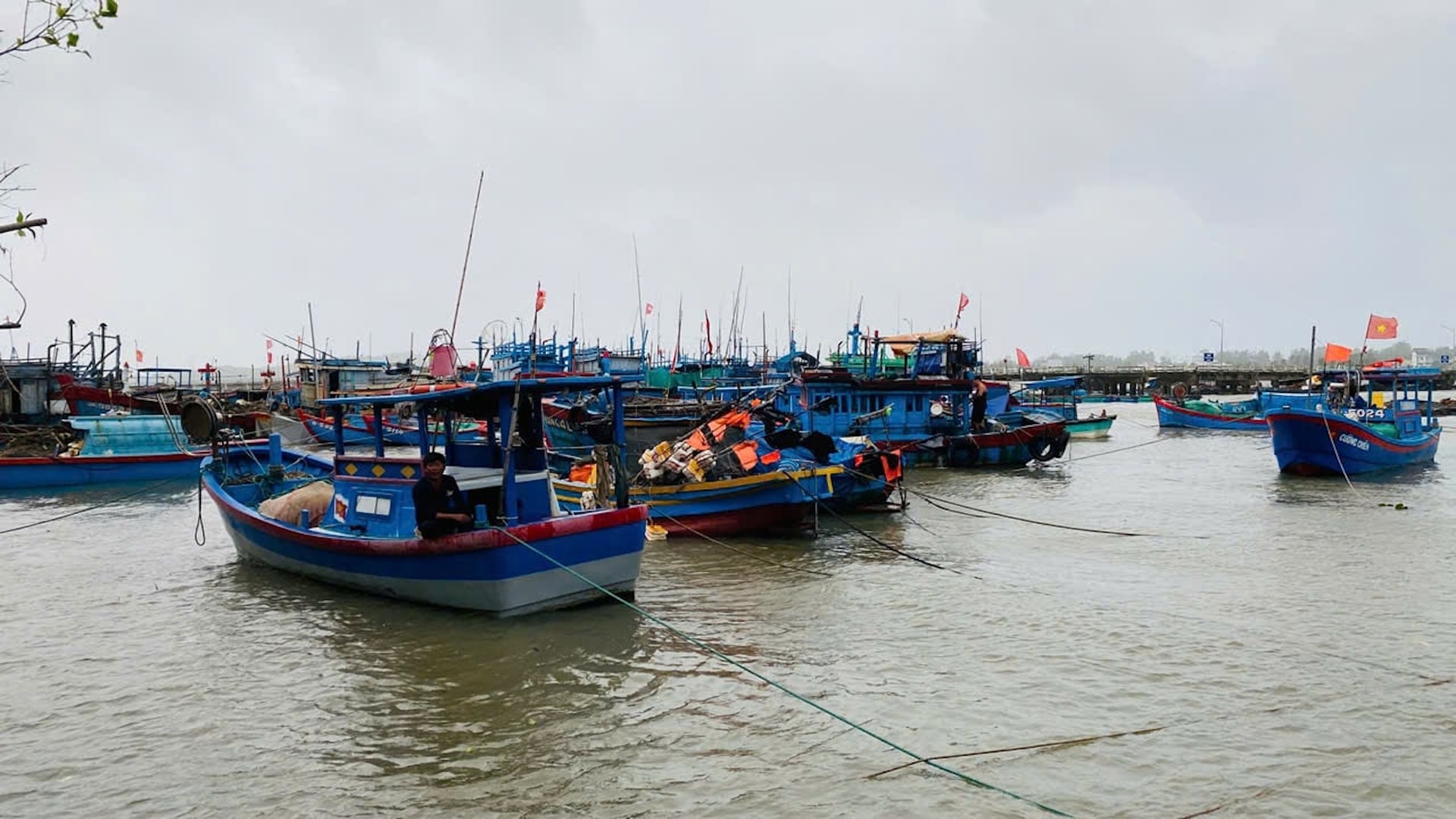 Quảng Ngãi hiện bắt đầu có mưa to, tàu thuyền được neo đậu tại các vị trí an toàn để tránh bão