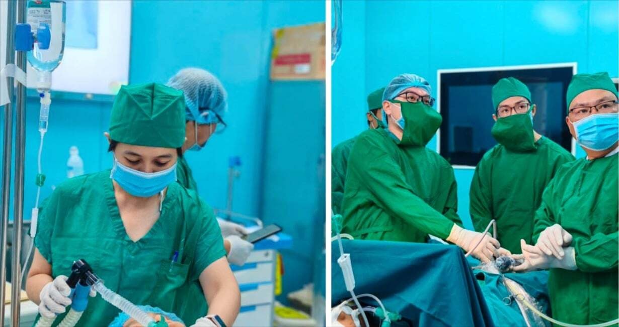 Các bác sĩ từ các bệnh viện hàng đầu TP.HCM cùng bác sĩ của Trung tâm Y tế Quân dân Y Côn Đảo đang phẫu thuật nội soi cho người bệnh.