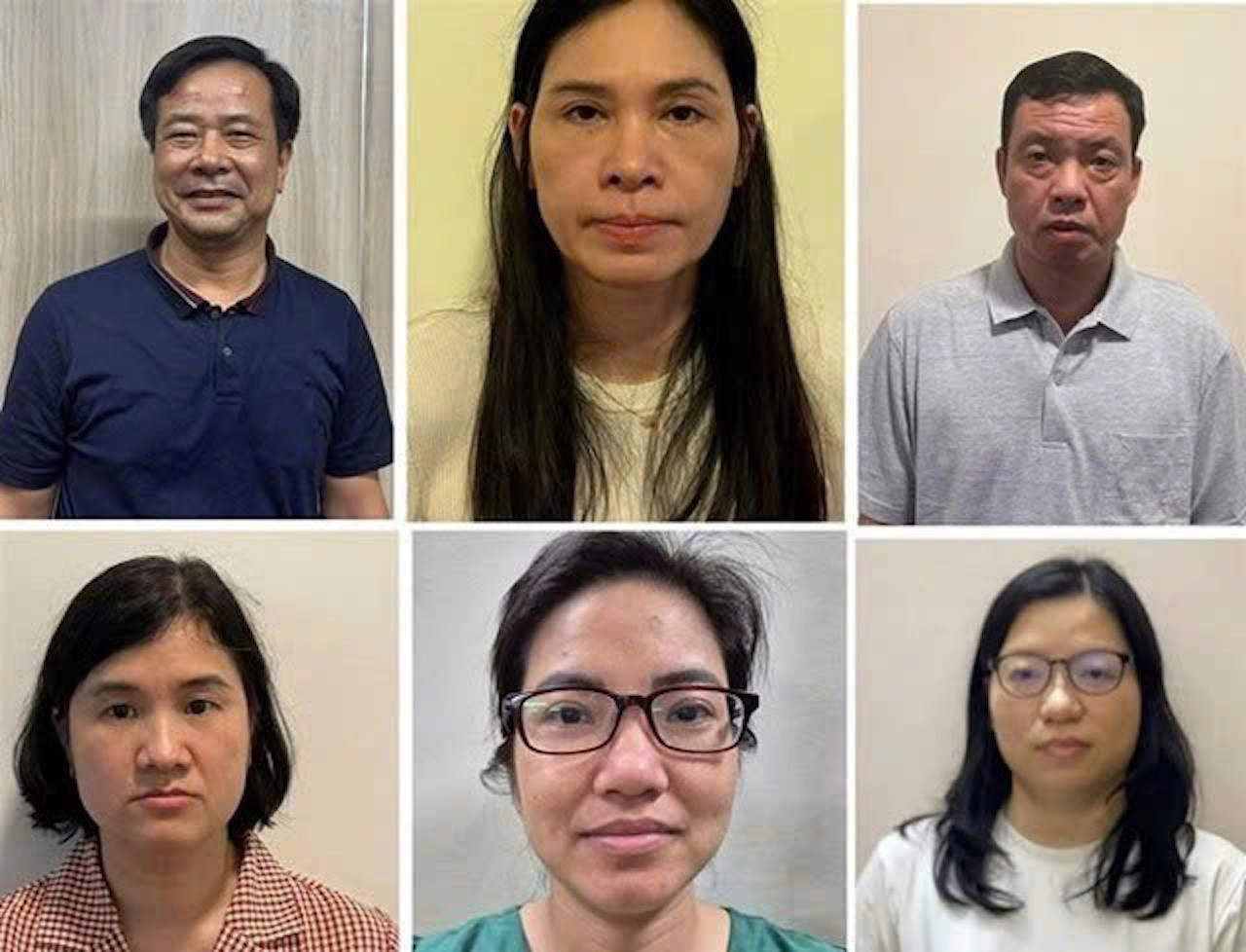 Bị can Nghiêm Quốc Hưng, Chủ tịch HĐQT kiêm Tổng giám đốc Công ty Hoàng Long (góc trái trên cùng) cùng các bị can trong vụ án.