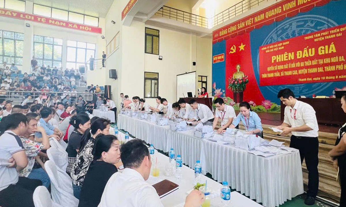 Phiên đấu giá đất tại xã Thanh Cao, Hà Nội hồi tháng 8/2024.