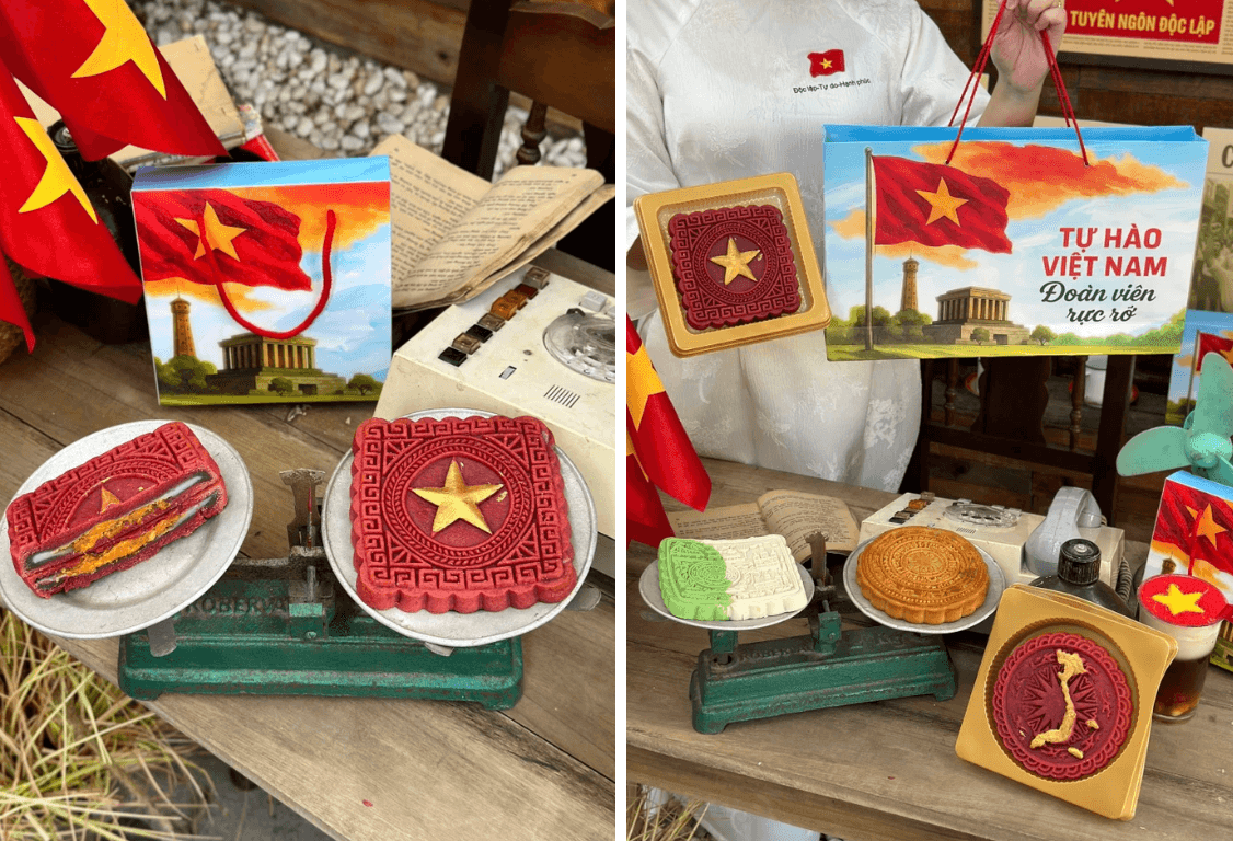 Bánh trung thu yêu nước được bày bán với hình dạng và mẫu mã bắt mắt.