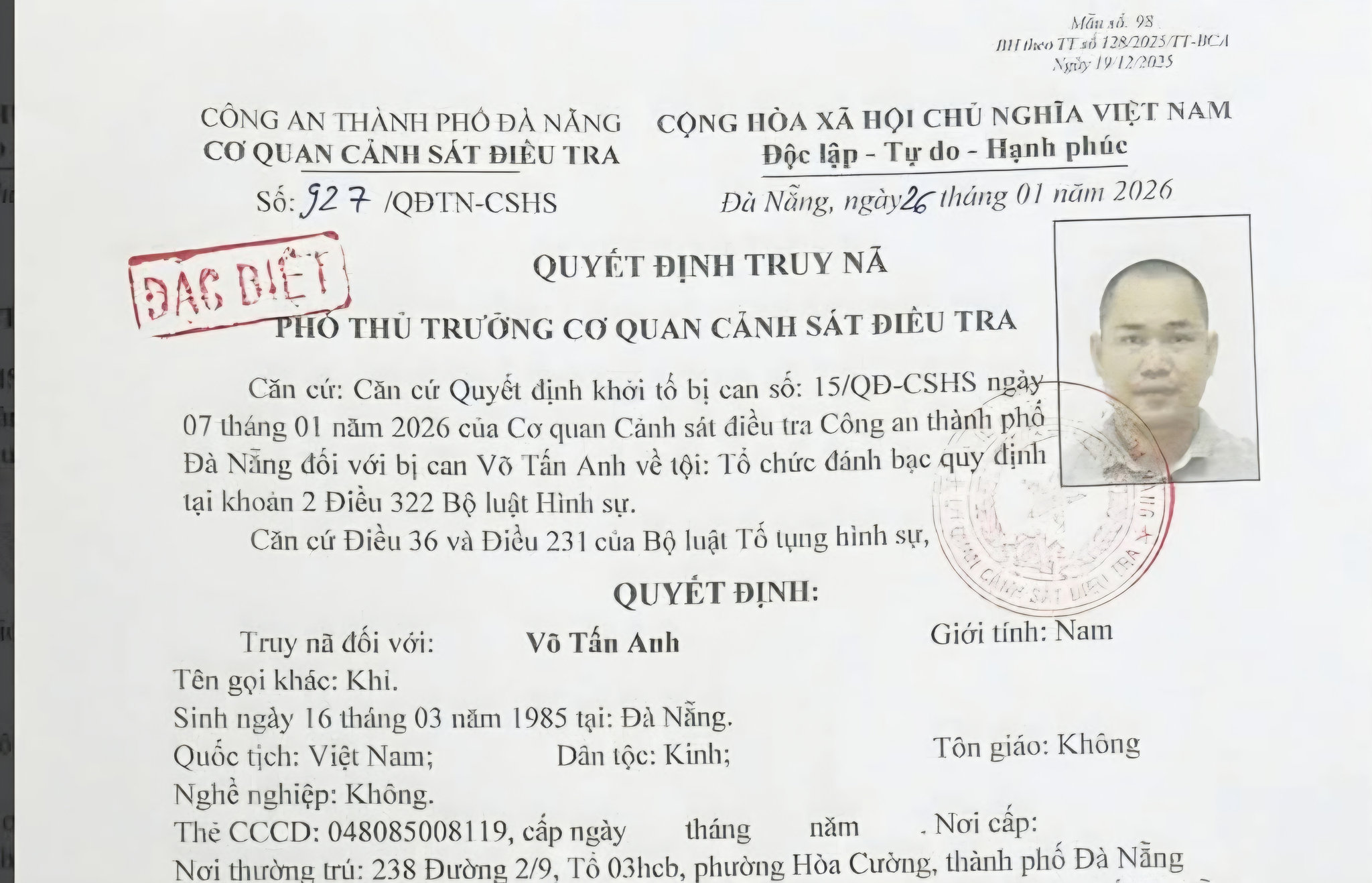 Công an TP Đà Nẵng truy nã Võ Tấn Anh. (Ảnh: C.A)