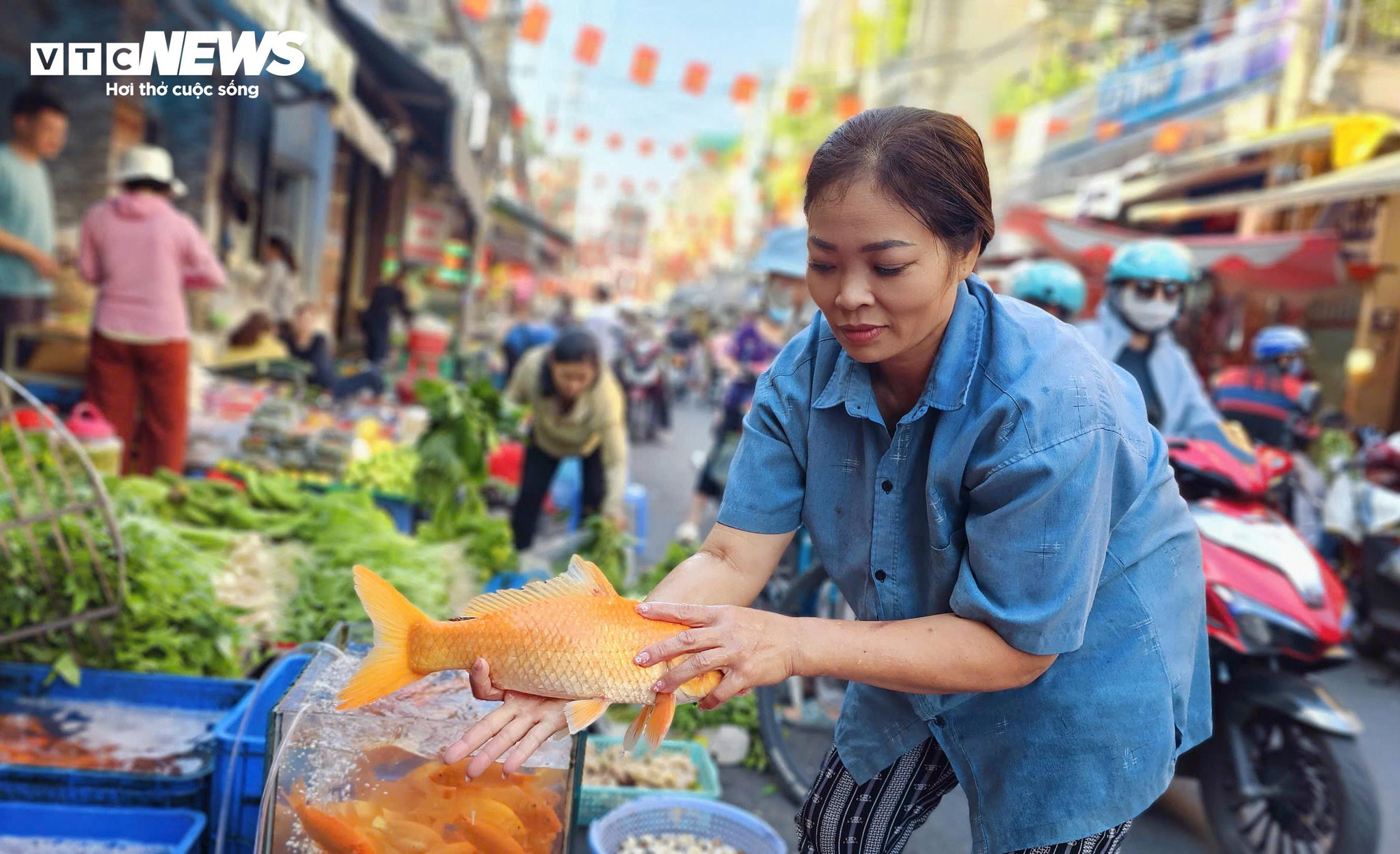 Khu vực bán cá chép tại các chợ truyền thống cũng có khách ghé mua từ sáng sớm. Chị Phương, tiểu thương bán cá chép, cho biết: 