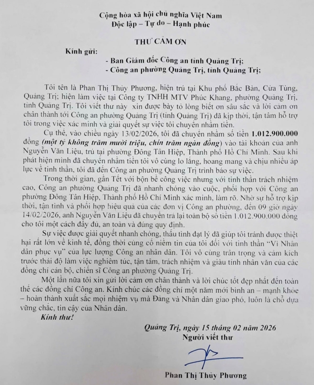 công an quảng trị giúp người dân nhận lại hơn 1 tỷ đồng chuyển nhầm hình ảnh 1 cong an quang tri giup nguoi dan nhan lai hon 1 ty dong chuyen nham hinh anh 1